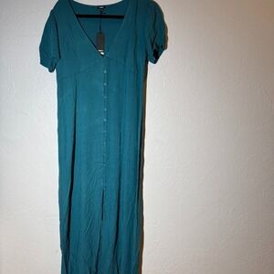 Monrow Maxi Dress Button‎ Front Casual Summer Dress Teal Green L